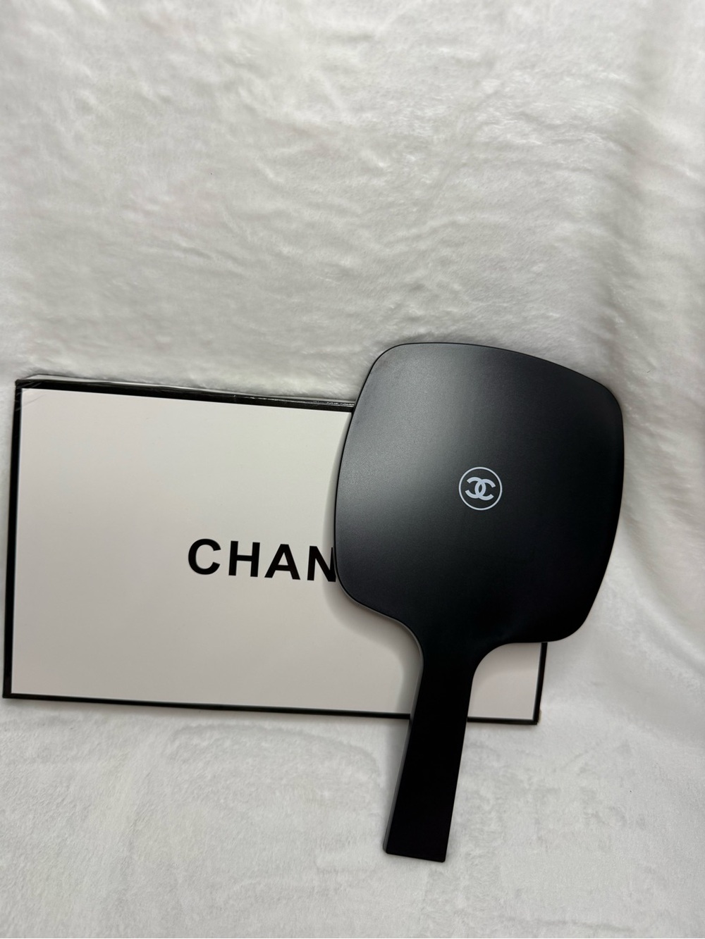 CHANEL Black Handheld Mirror with White CC Emblem